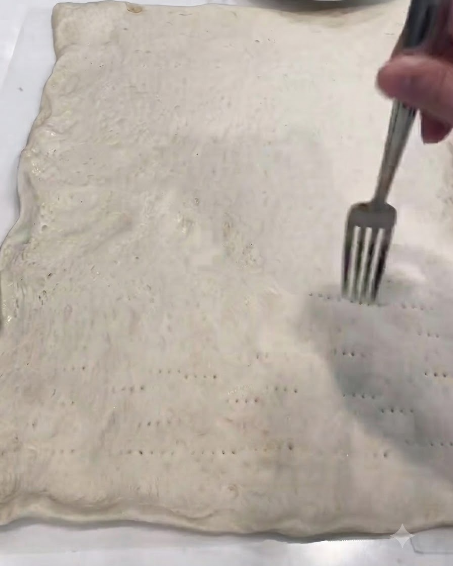 A hand using a fork to poke numerous small holes across the surface of rolled pizza dough.