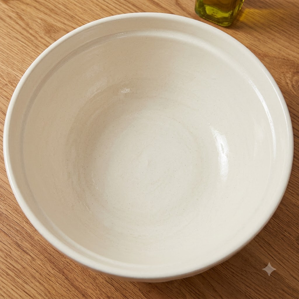 Warm water, yeast, olive oil, and flour combined in a white mixing bowl.
