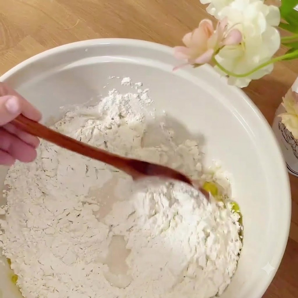 A wooden spoon mixing flour and water inside a white ceramic bowl to form rough dough.