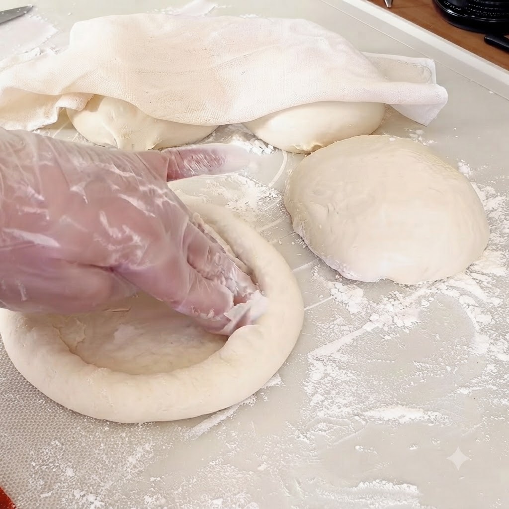 Hands wearing gloves pressing down the center of a rounded dough portion on a floured surface.
