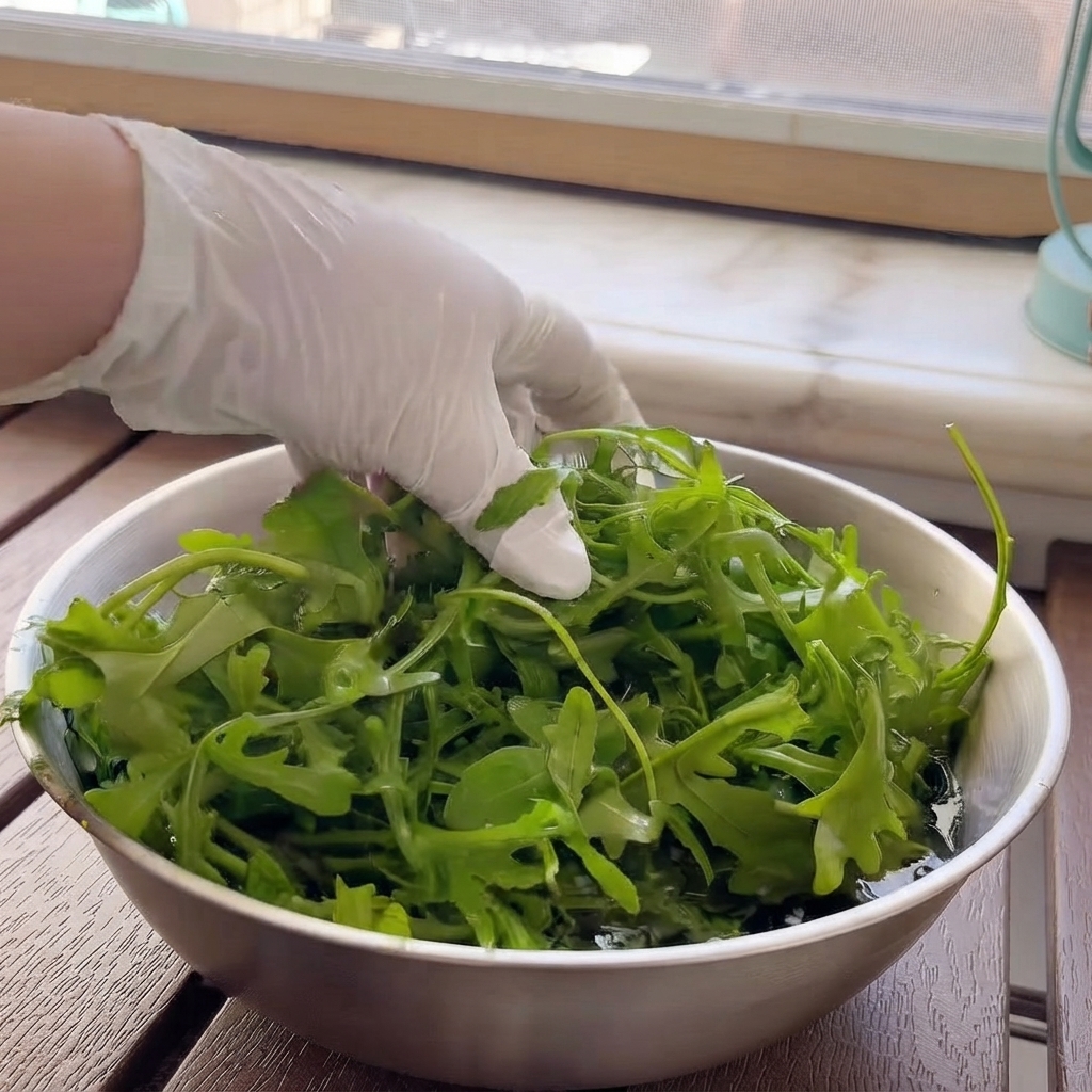 Fresh arugula leaves submerged in a bowl of water being washed by a gloved hand.