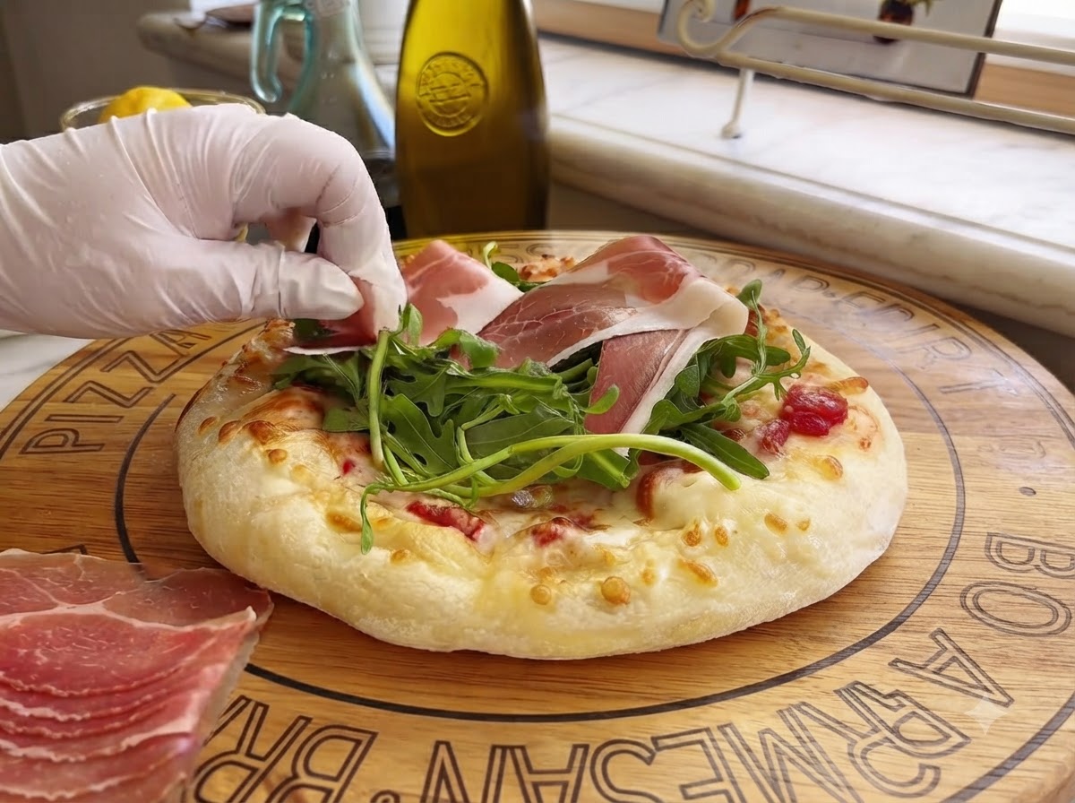 Slices of cured Parma ham being gently placed by hand onto a pizza topped with arugula.