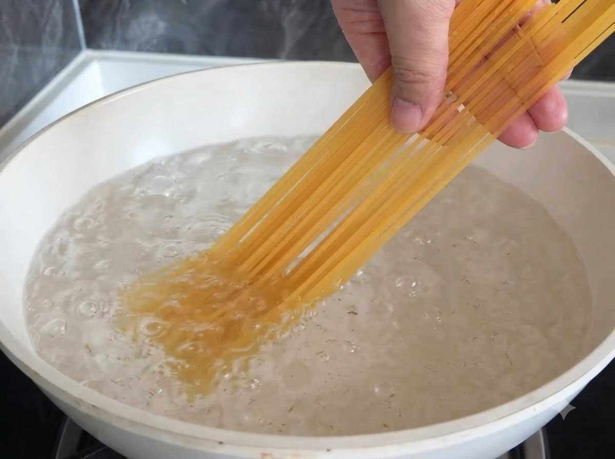 A hand placing long dry strands of spaghetti into a white pan filled with bubbling boiling water.