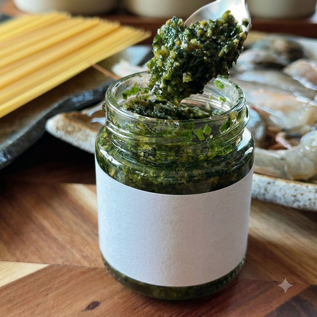 A metal spoon lifting a dollop of thick, vibrant green basil pesto from a small glass jar.