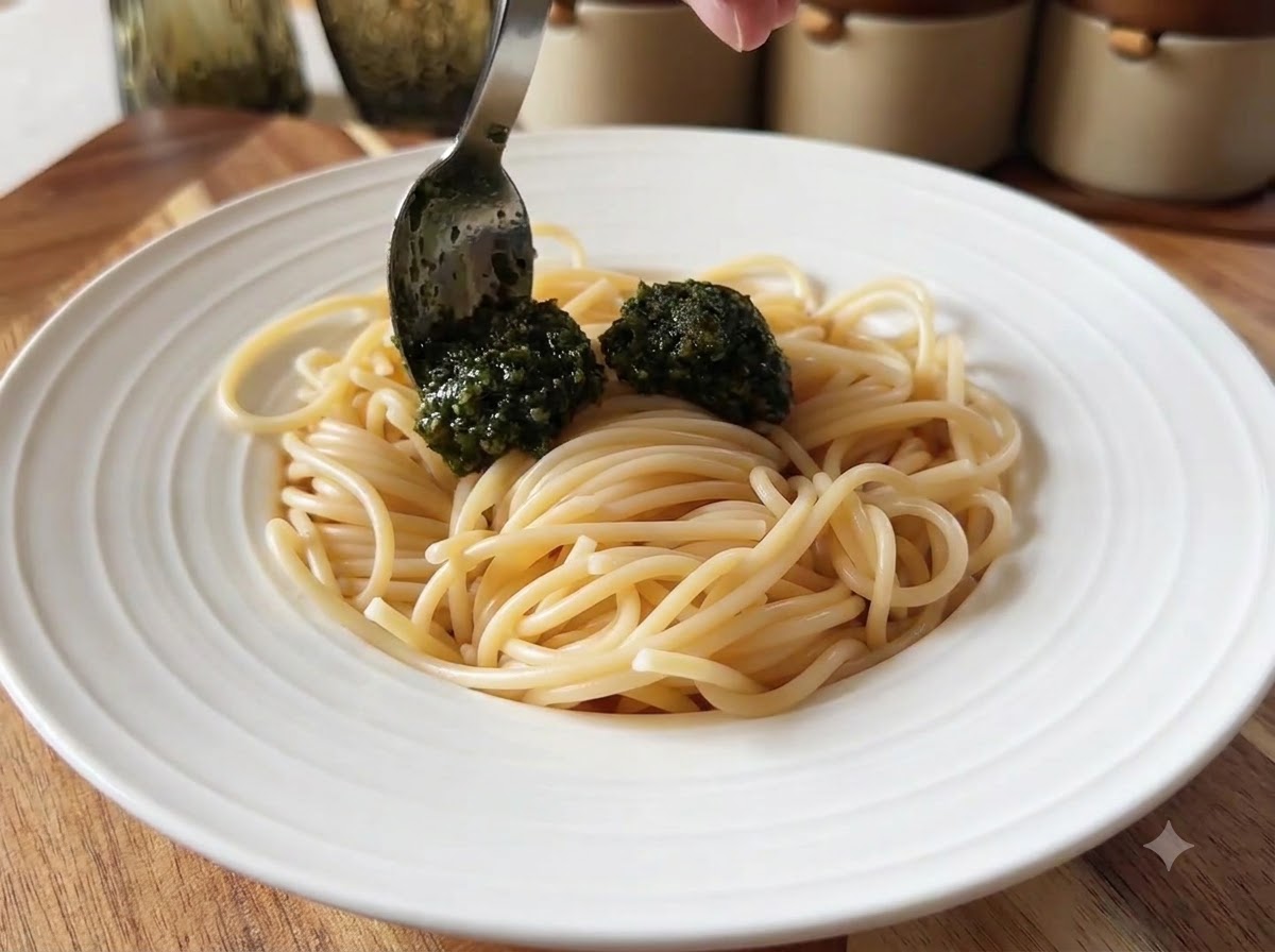 Spoon adding vibrant green basil pesto on top of warm cooked spaghetti in a white dish.