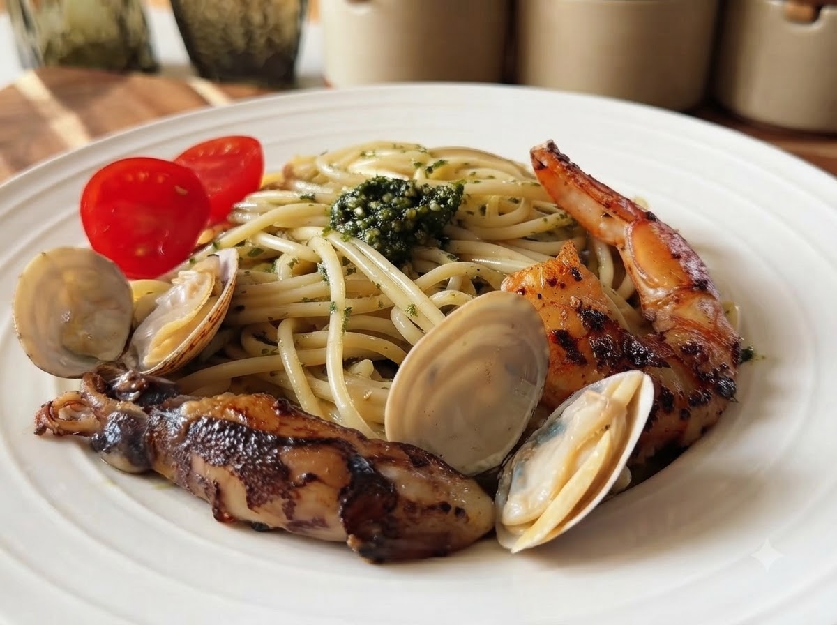 Finished basil pesto spaghetti topped with pan-seared shrimp, clams, squid, and cherry tomatoes in a white bowl.