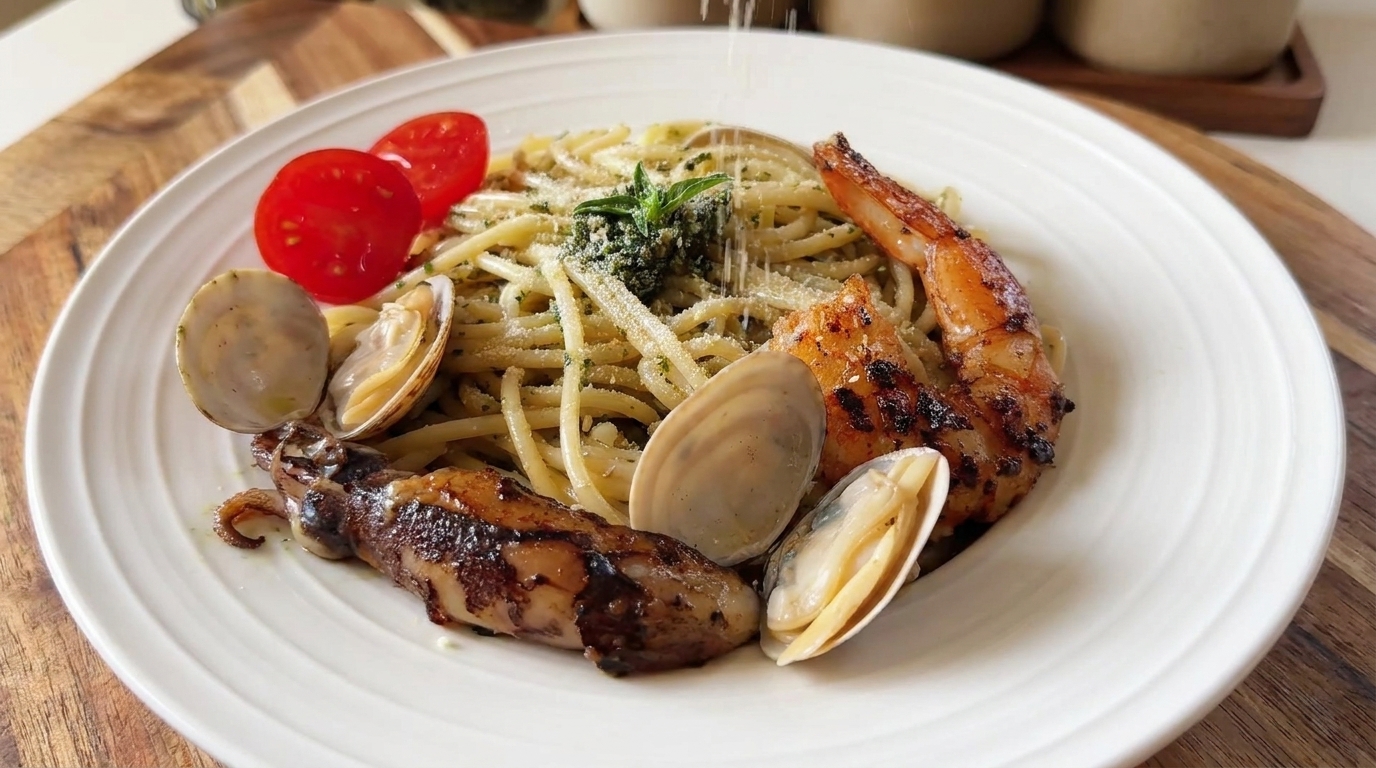 Mediterranean Basil Pesto Seafood Spaghetti