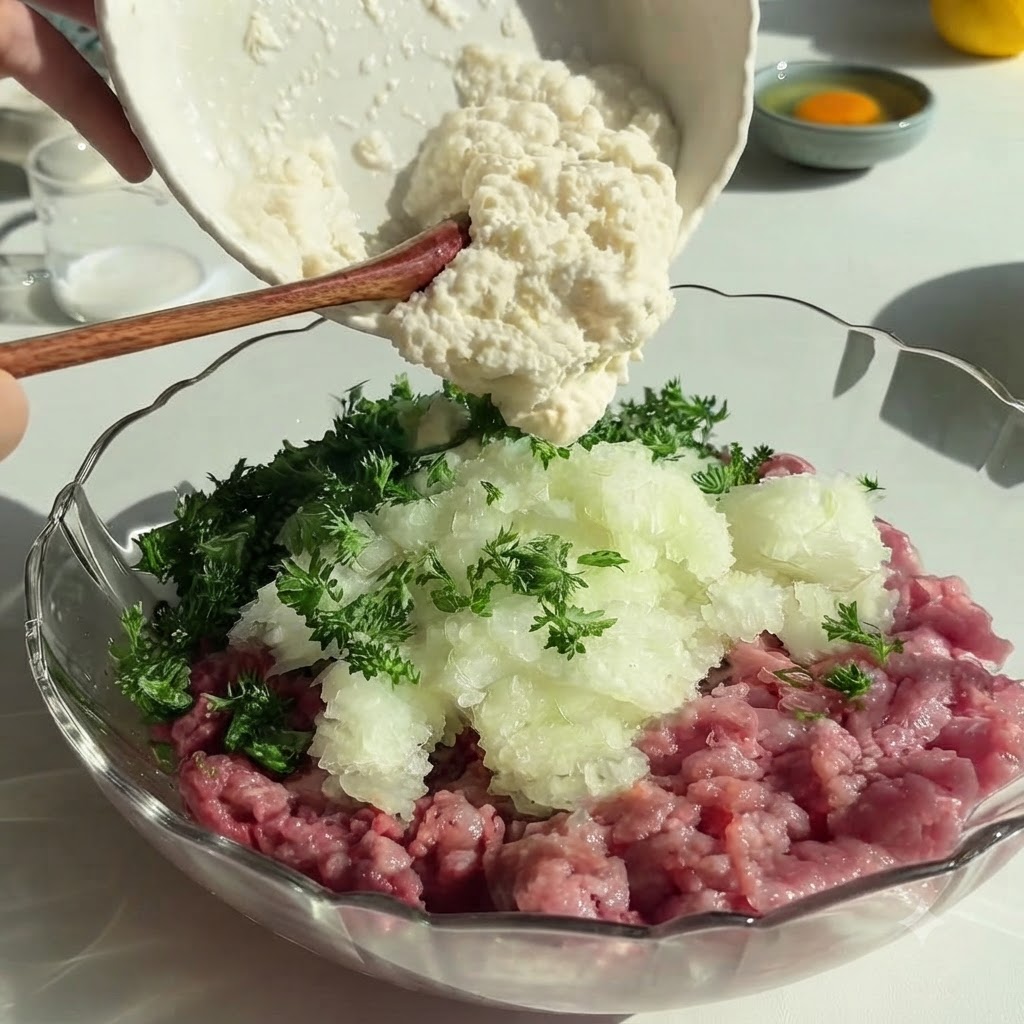 A white bowl pouring a thick milk and breadcrumb mixture onto the seasoned ground meat and herbs.