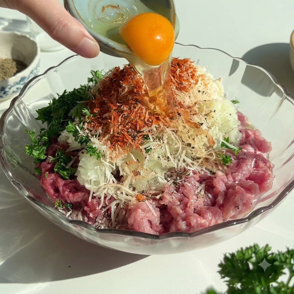 A raw egg being cracked and poured into the center of the seasoned meat mixture in a glass bowl.