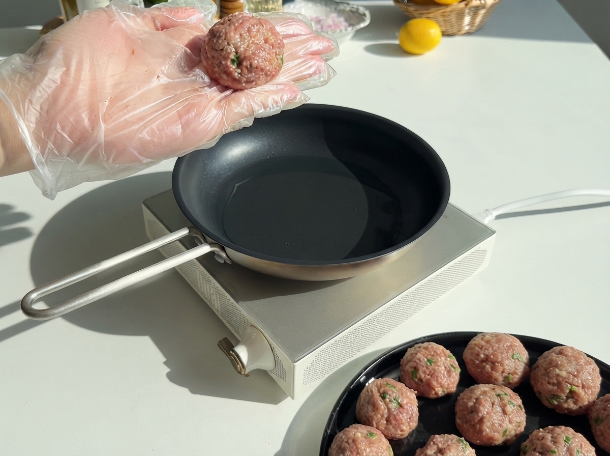 A gloved hand holding a freshly rolled raw meatball above an empty oiled pan with a plate of ready meatballs beside it.