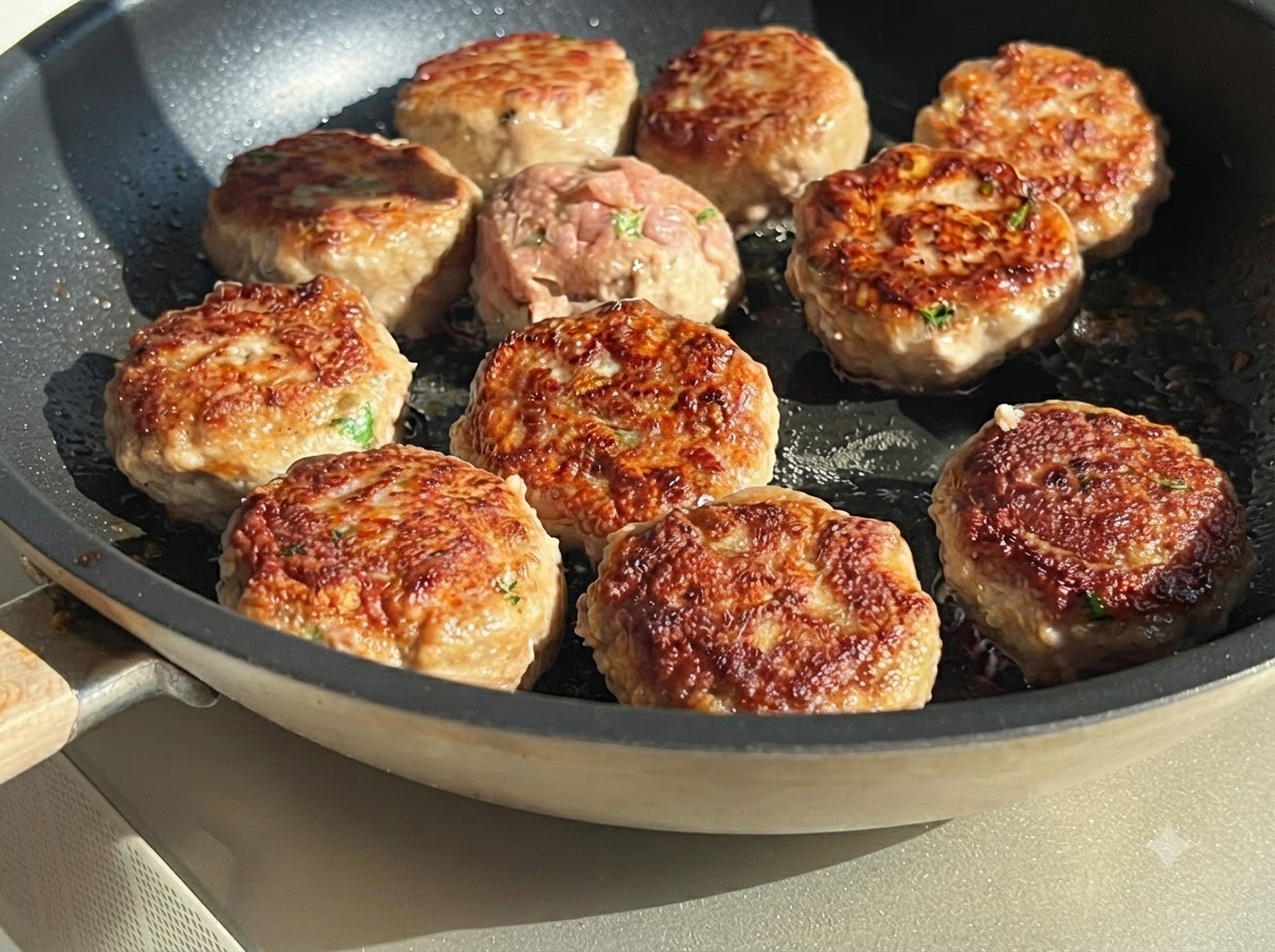 Meatballs frying in a pan, some flipped over to display a rich golden-brown and crispy outer crust.