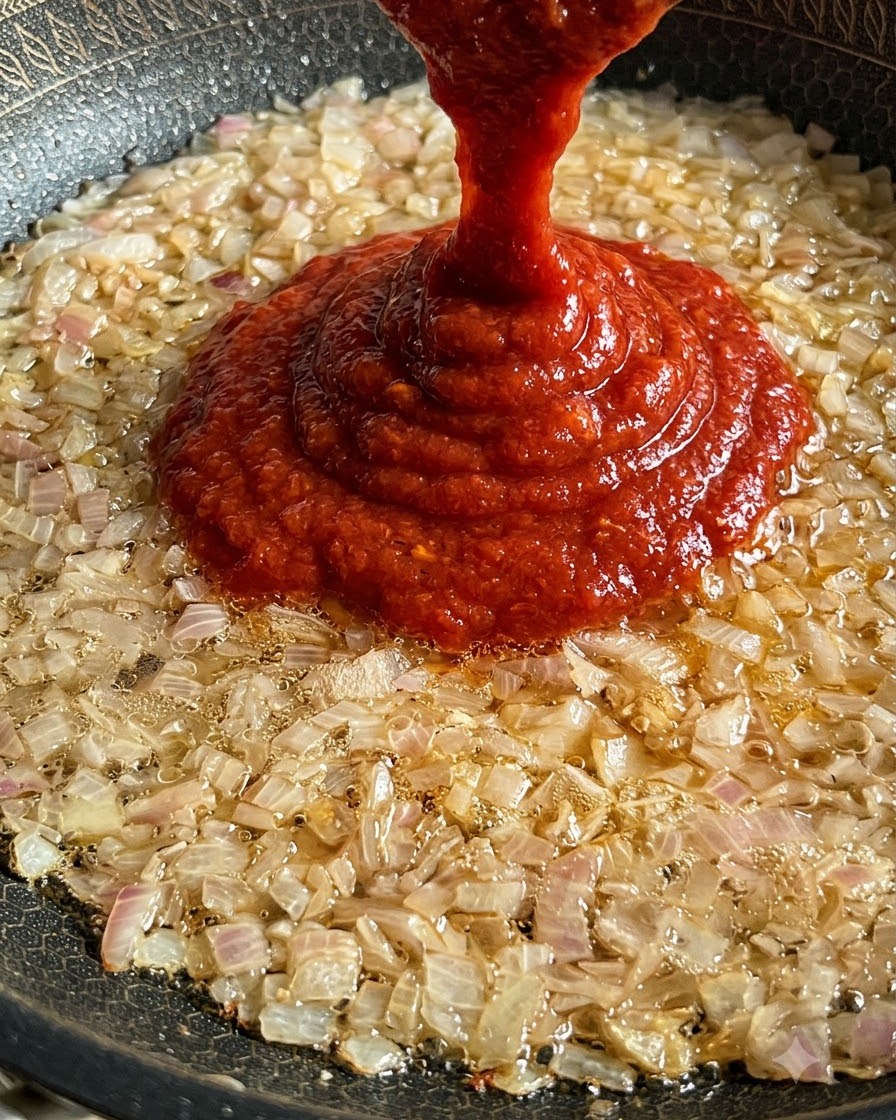 Thick red tomato sauce being poured from a container into a sizzling pan of sautéed onions.