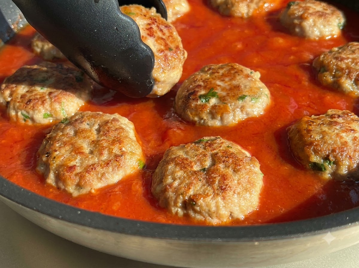 Tongs placing golden-brown meatballs one by one into a pan filled with vibrant red tomato sauce.