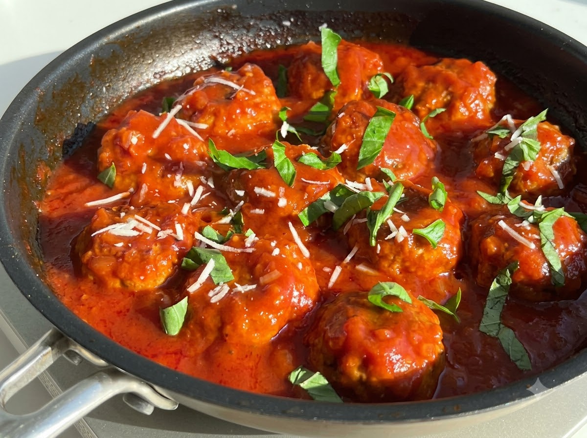 Freshly torn green basil leaves and grated white parmesan cheese scattered over meatballs simmering in red sauce.