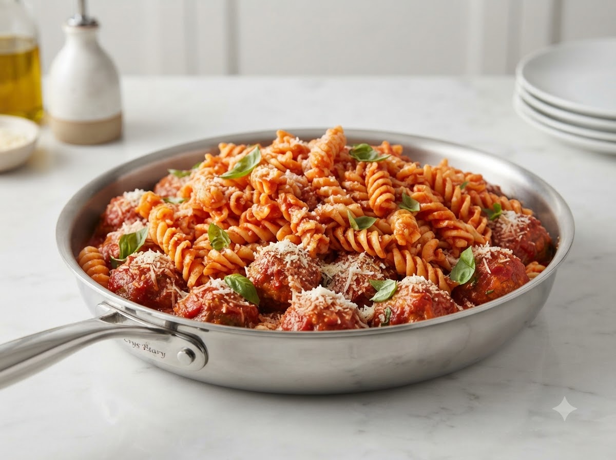 Cooked spiral fusilli pasta piled into a large pan on top of meatballs and tomato sauce, ready for tossing.