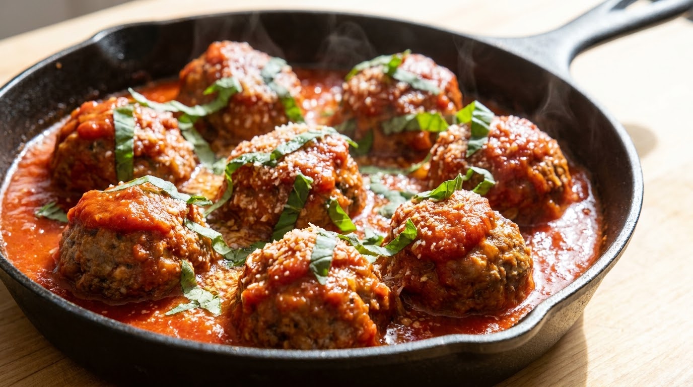 A dark skillet filled with golden-brown Neapolitan meatballs simmering in vibrant tomato sauce, garnished with fresh basil and parmesan.