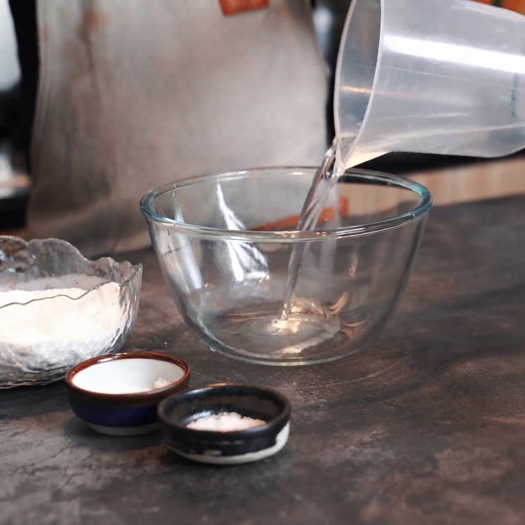 Water being poured from a measuring pitcher into an empty glass mixing bowl on a dark countertop.