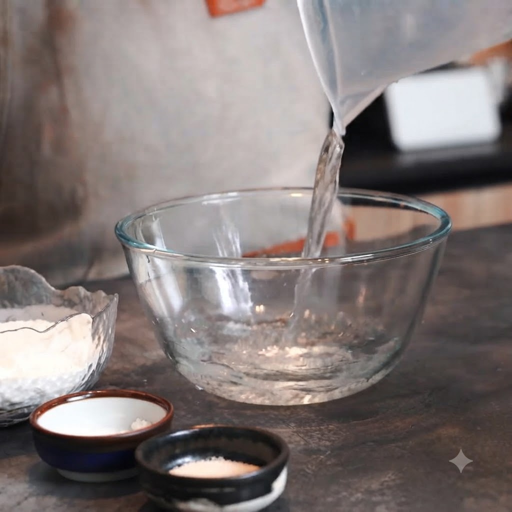 Salt crystals being poured from a small bowl into a glass bowl filled with water.