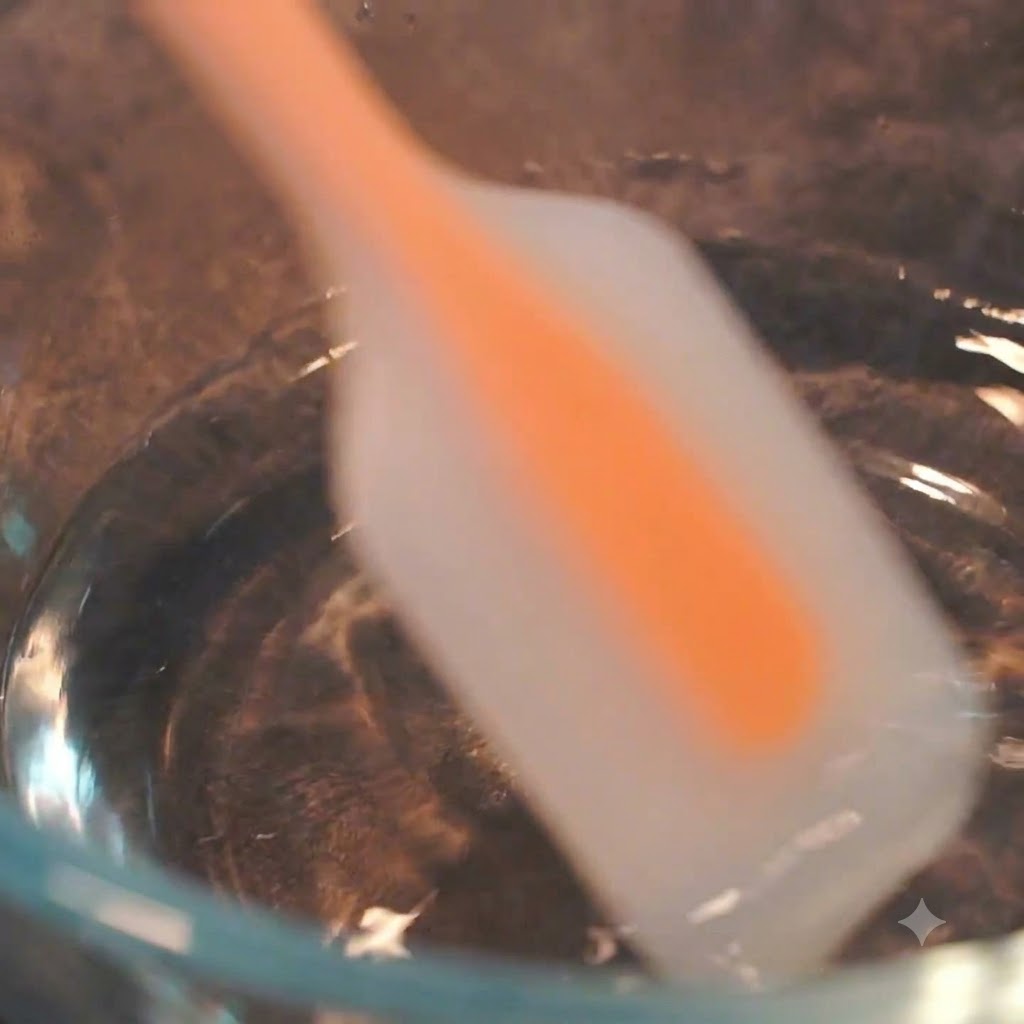 Water and salt being mixed together in a clear glass bowl with a silicone spatula.