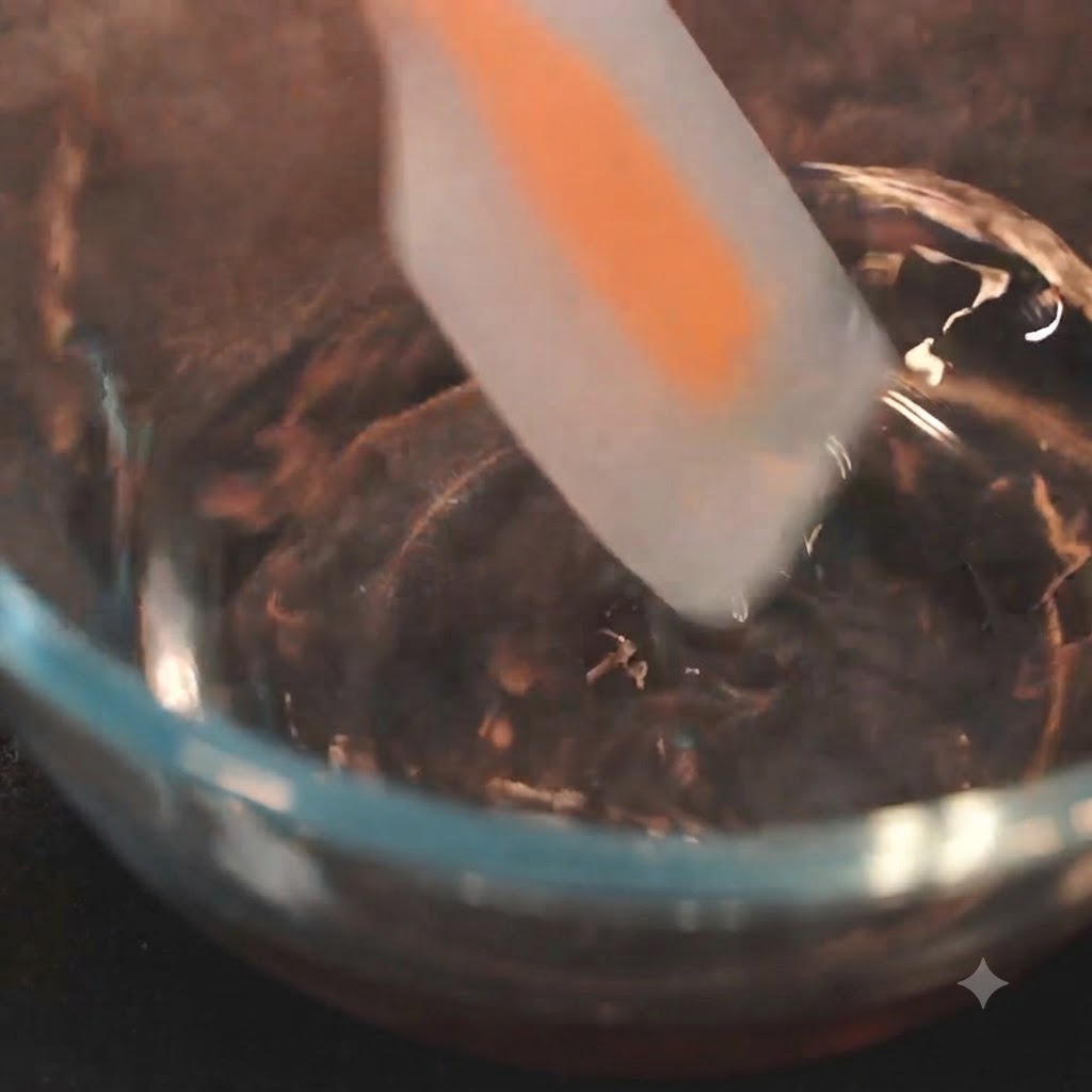 A silicone spatula stirring a clear liquid mixture inside a glass bowl.
