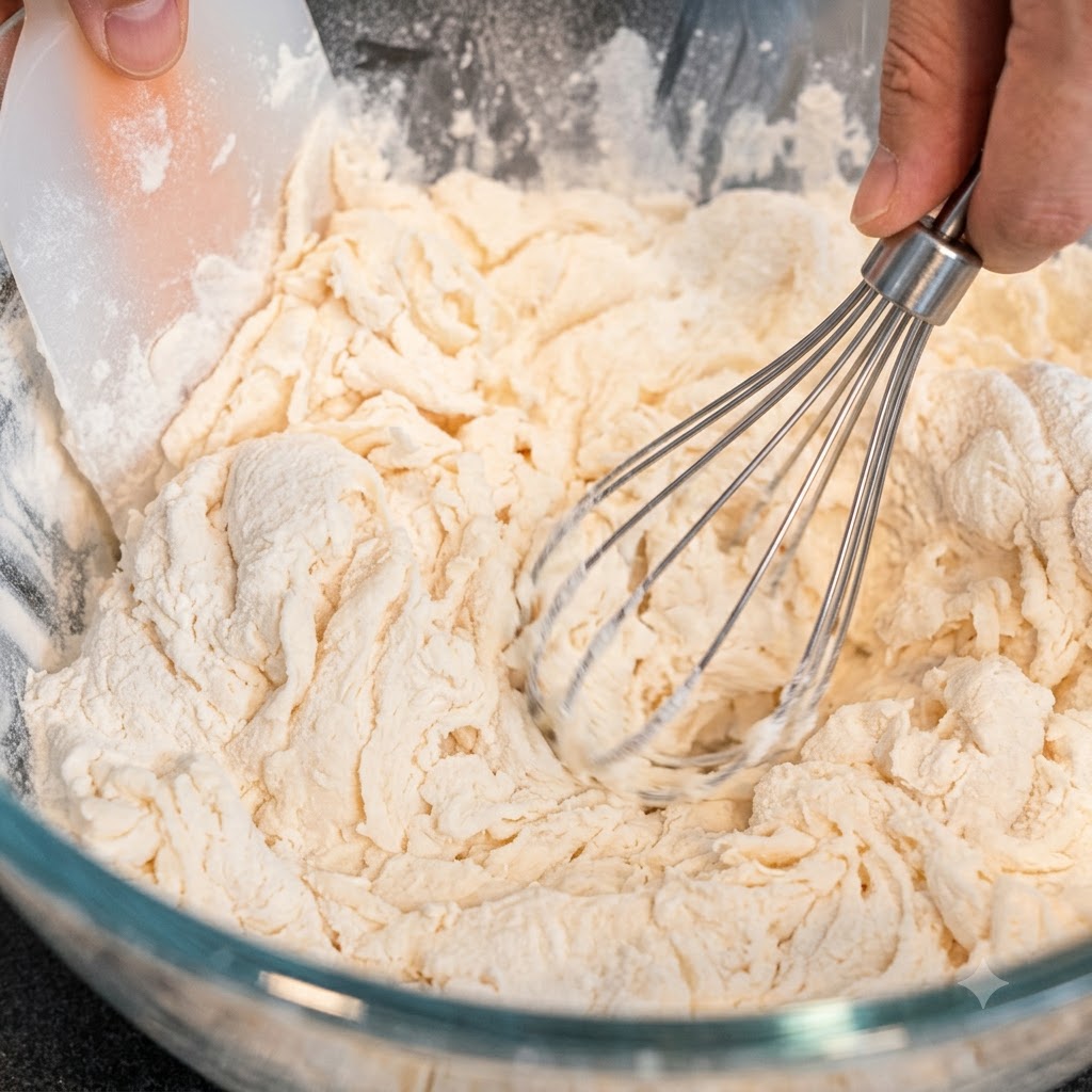 Dry yeast and flour being mixed together in a glass bowl using a whisk and a spatula.