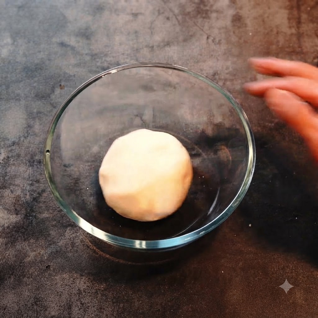 A smooth ball of white dough resting inside a clear glass bowl on a dark surface.