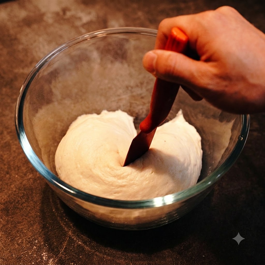 A red spatula slicing through a mound of white proofed dough inside a glass bowl.
