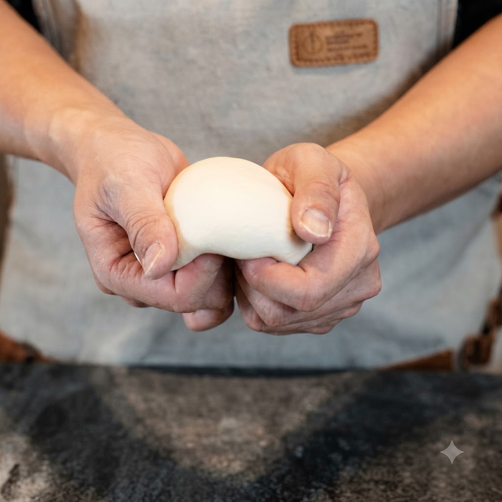 A pair of hands wearing an apron holding a piece of white dough while tucking the edges inward.