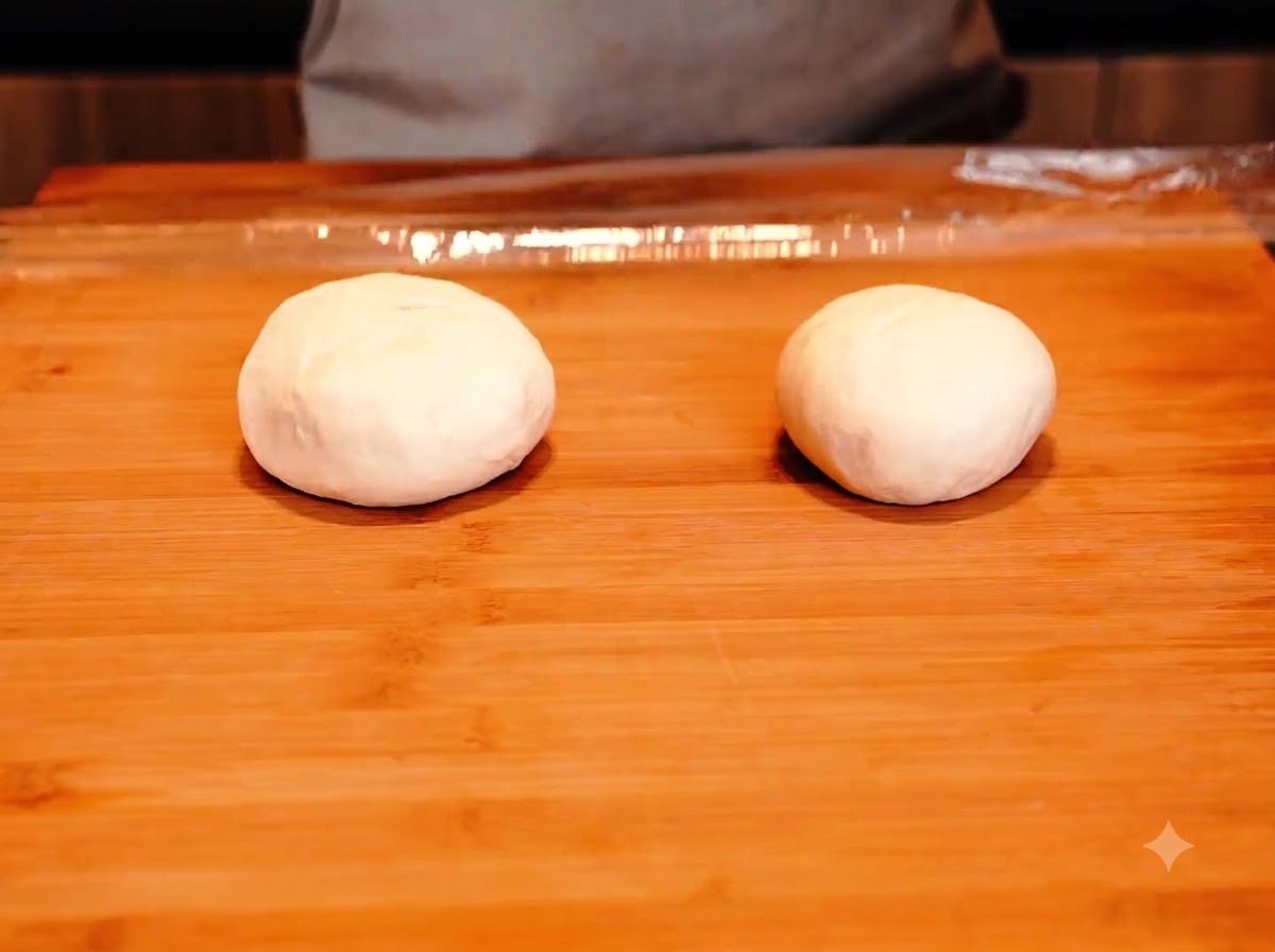Two round portions of white pizza dough resting side by side on a wooden cutting board.