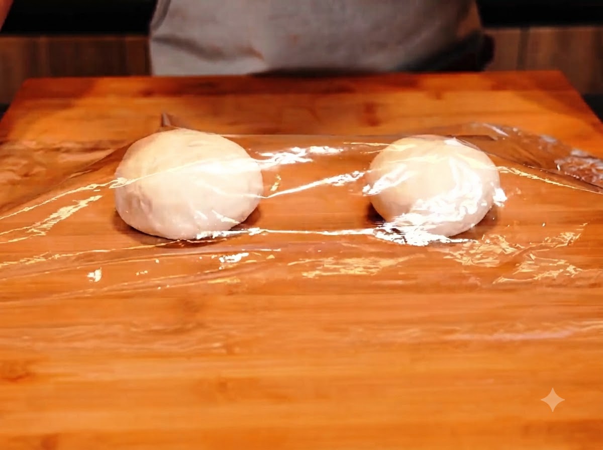 Two small round dough balls covered with plastic wrap on a wooden board.