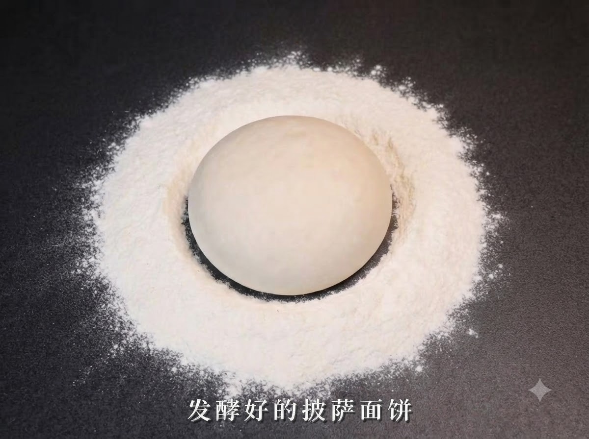 A round ball of fermented dough resting in the center of a circular ring of flour on a dark surface.