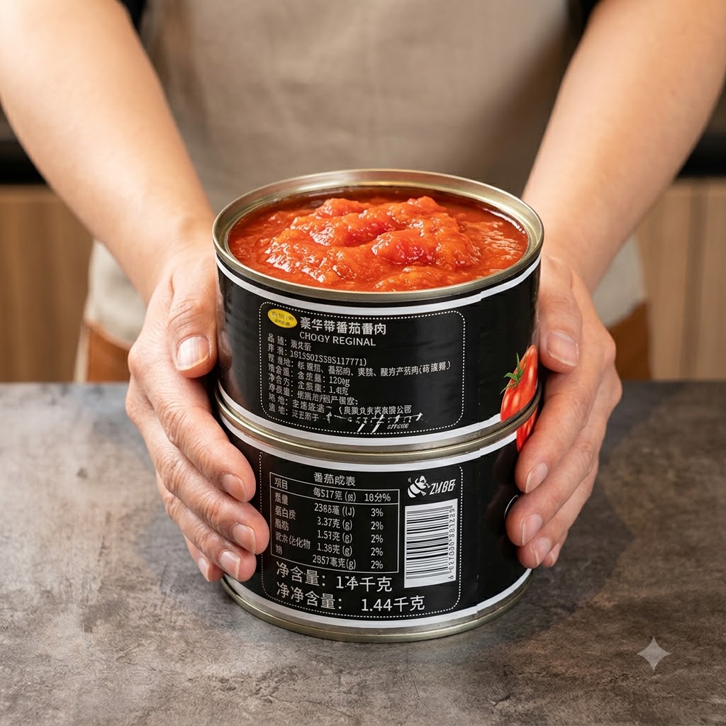 Two stacked metal cans of whole peeled tomatoes held in someones hands.