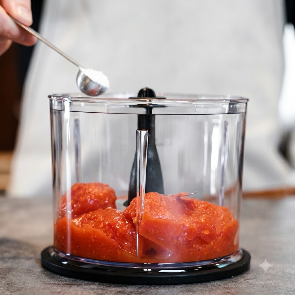 A spoonful of sugar being added into a clear blender jar containing peeled tomatoes.