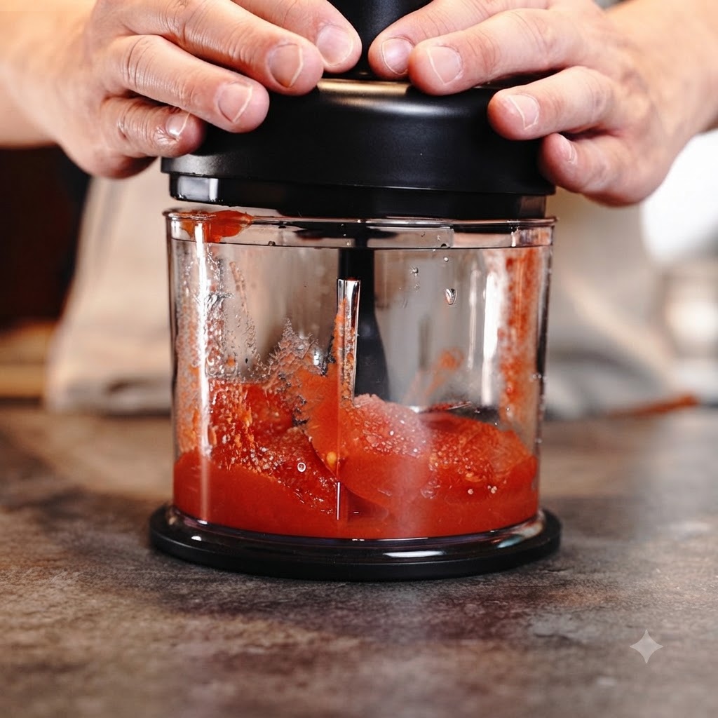 Hands pressing down on the lid of a small electric blender processing tomatoes inside.