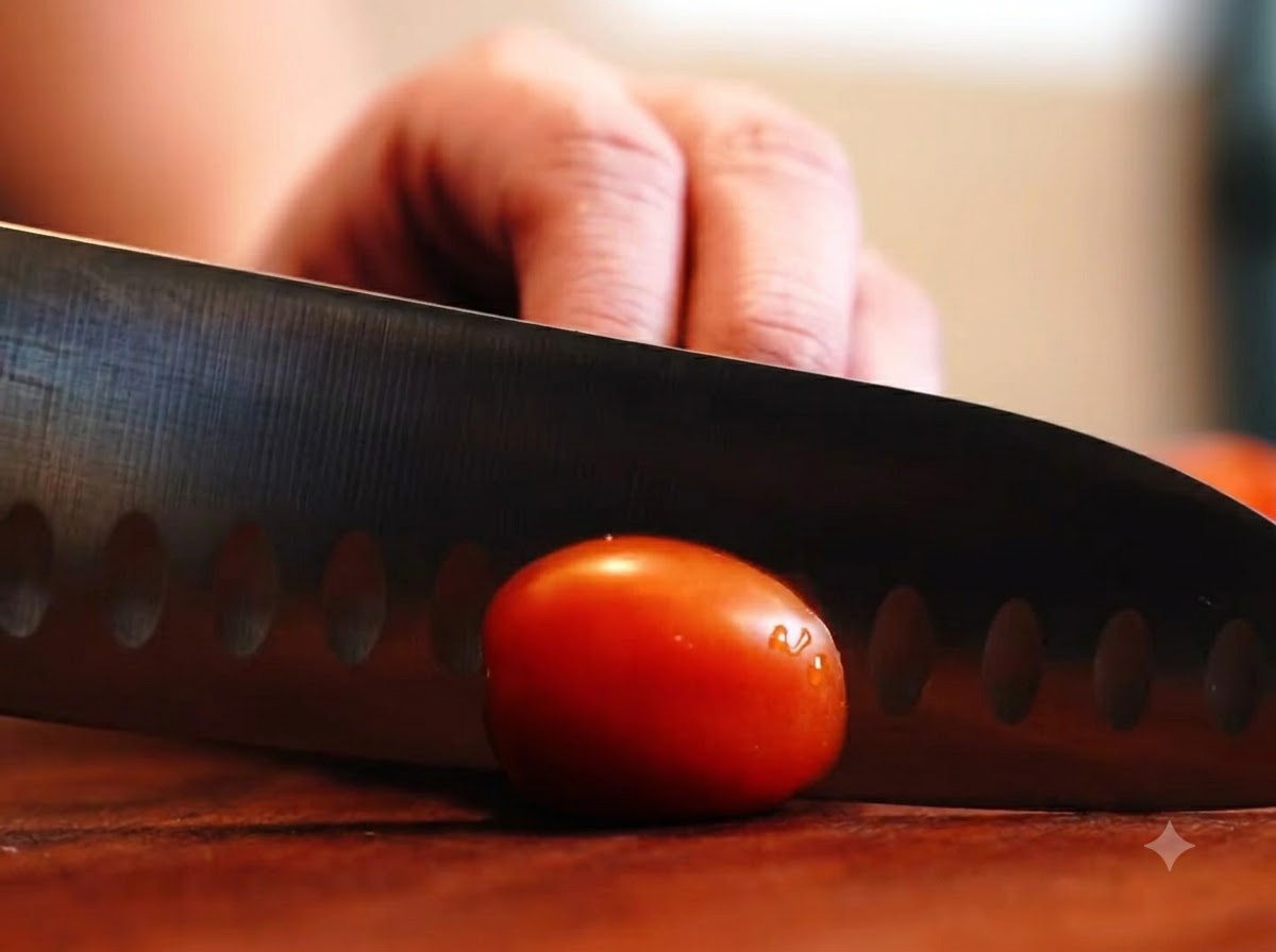 A sharp chefs knife slicing a cherry tomato in half on a wooden surface.