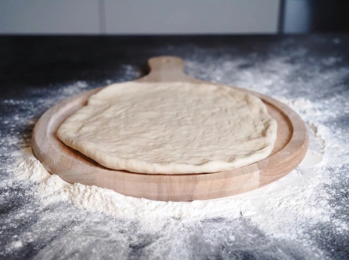 Red tomato sauce being evenly distributed in circles onto a round flat pizza dough.