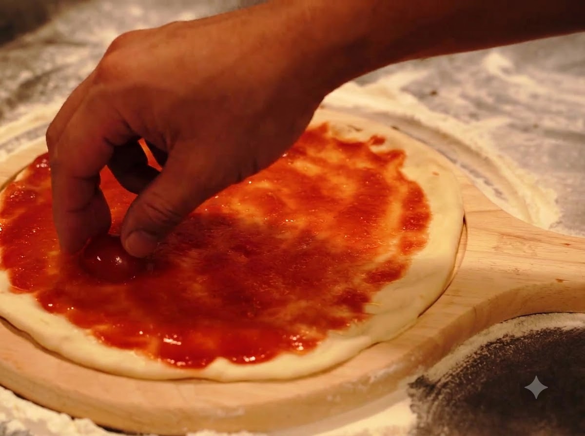 A hand placing cherry tomato halves onto a round piece of pizza dough coated with red sauce.