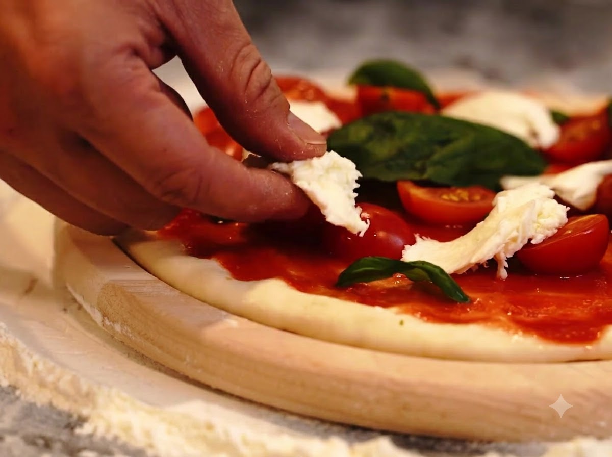 A hand adding torn pieces of white mozzarella cheese onto a pizza base with tomatoes and basil leaves.