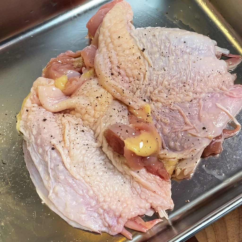 Raw chicken thigh fillet seasoned with black pepper, salt, and rosemary in a metal tray.