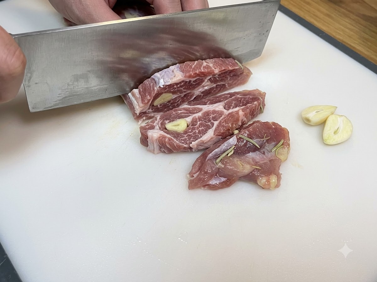 Hands using a large knife to slice marinated raw chicken into strips on a white cutting board.
