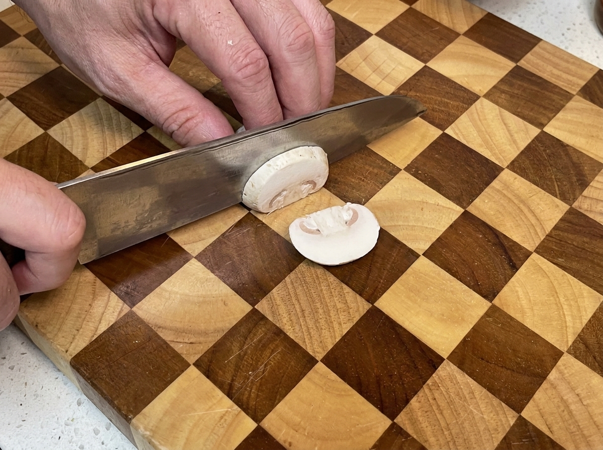 A person slicing a fresh white button mushroom on a checkered wooden cutting board.