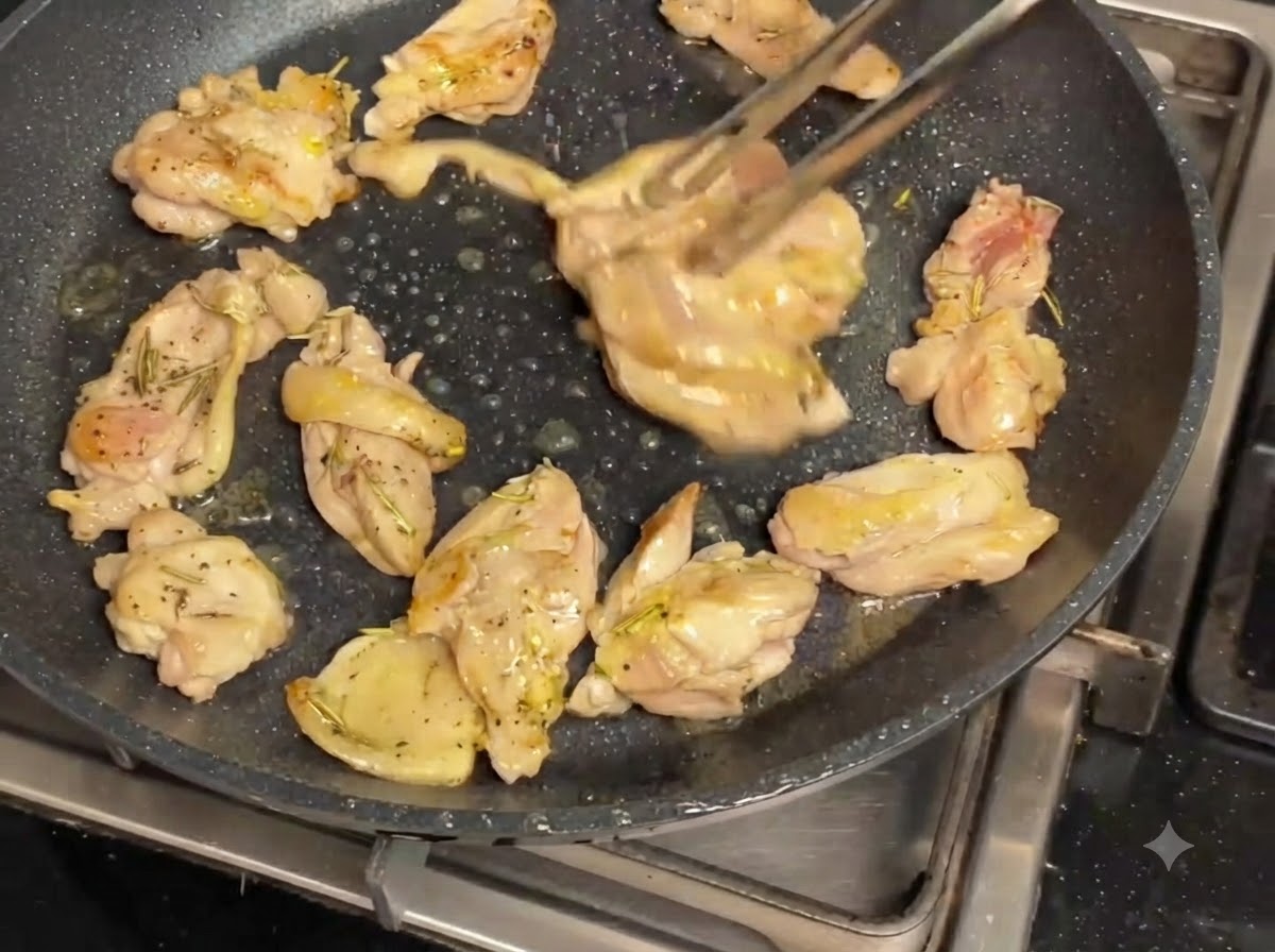 Chicken pieces and mushrooms sizzling in a dark non-stick frying pan being turned with tongs.
