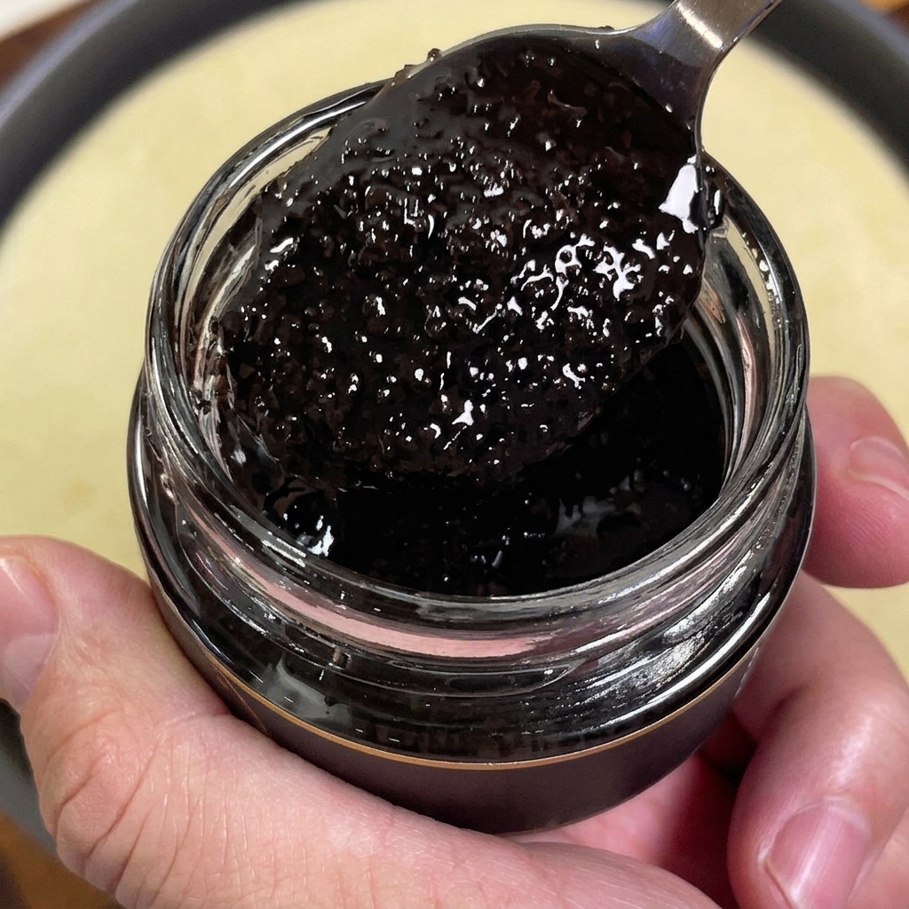 A spoonful of dark black truffle sauce being scooped from a glass jar above a pizza crust.
