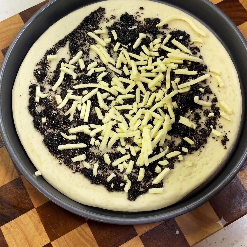 An uncooked pizza crust in a baking pan, topped with a layer of dark black truffle sauce and shredded cheese.