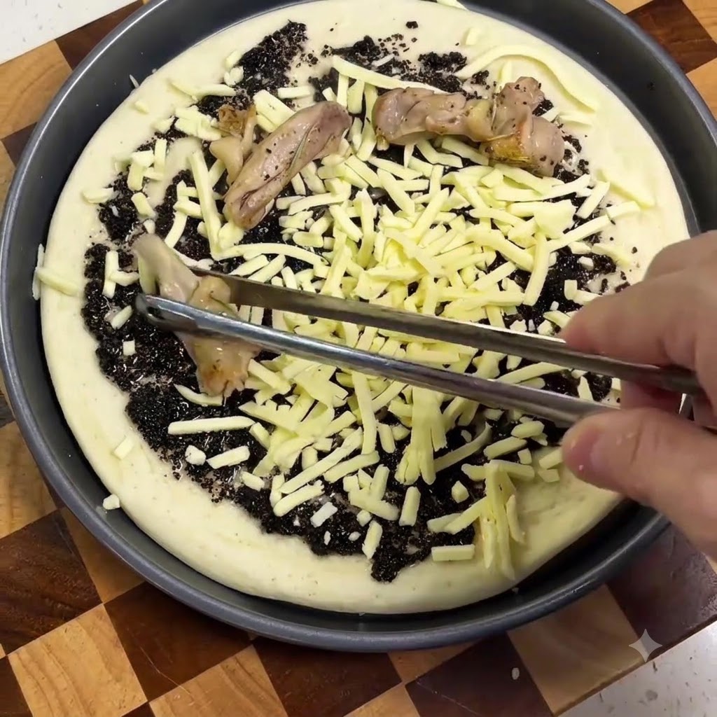 Tongs placing cooked chicken pieces onto a pizza crust layered with truffle sauce and shredded cheese.