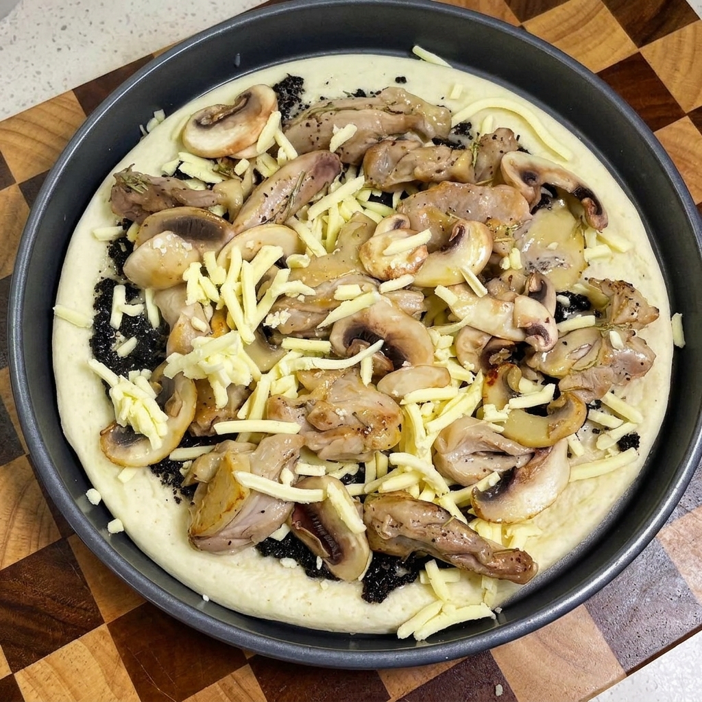 An assembled pizza topped with truffle sauce, chicken, mushrooms, and a final layer of shredded cheese.