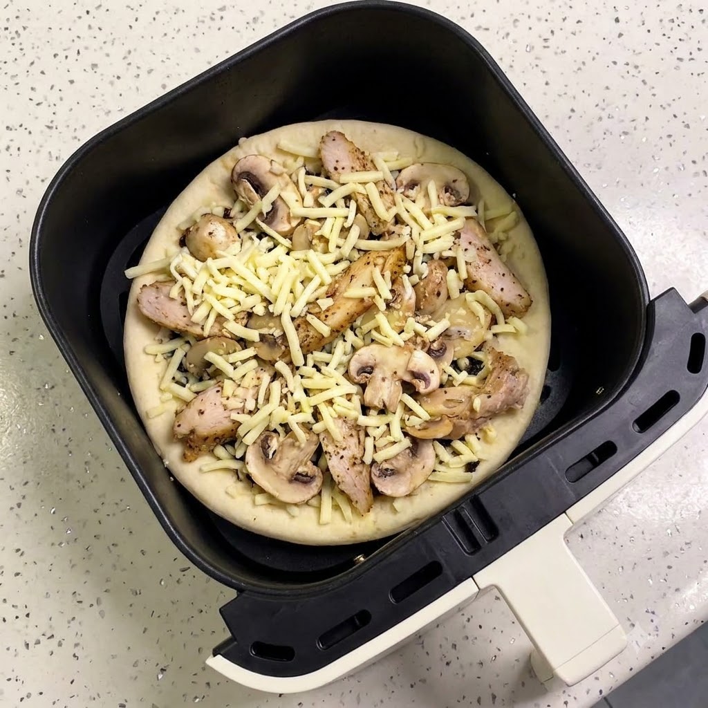 The raw assembled pizza placed inside a black air fryer basket, ready to be baked.