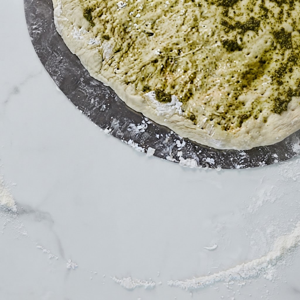 A close-up overhead view of dark black truffle paste being spread across pizza dough on a silver peel.