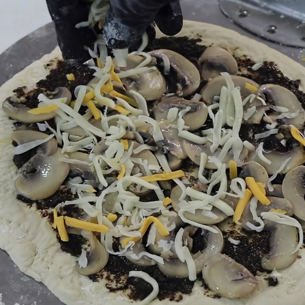 Shredded cheese being sprinkled from above onto the prepared mushroom and truffle pizza base.