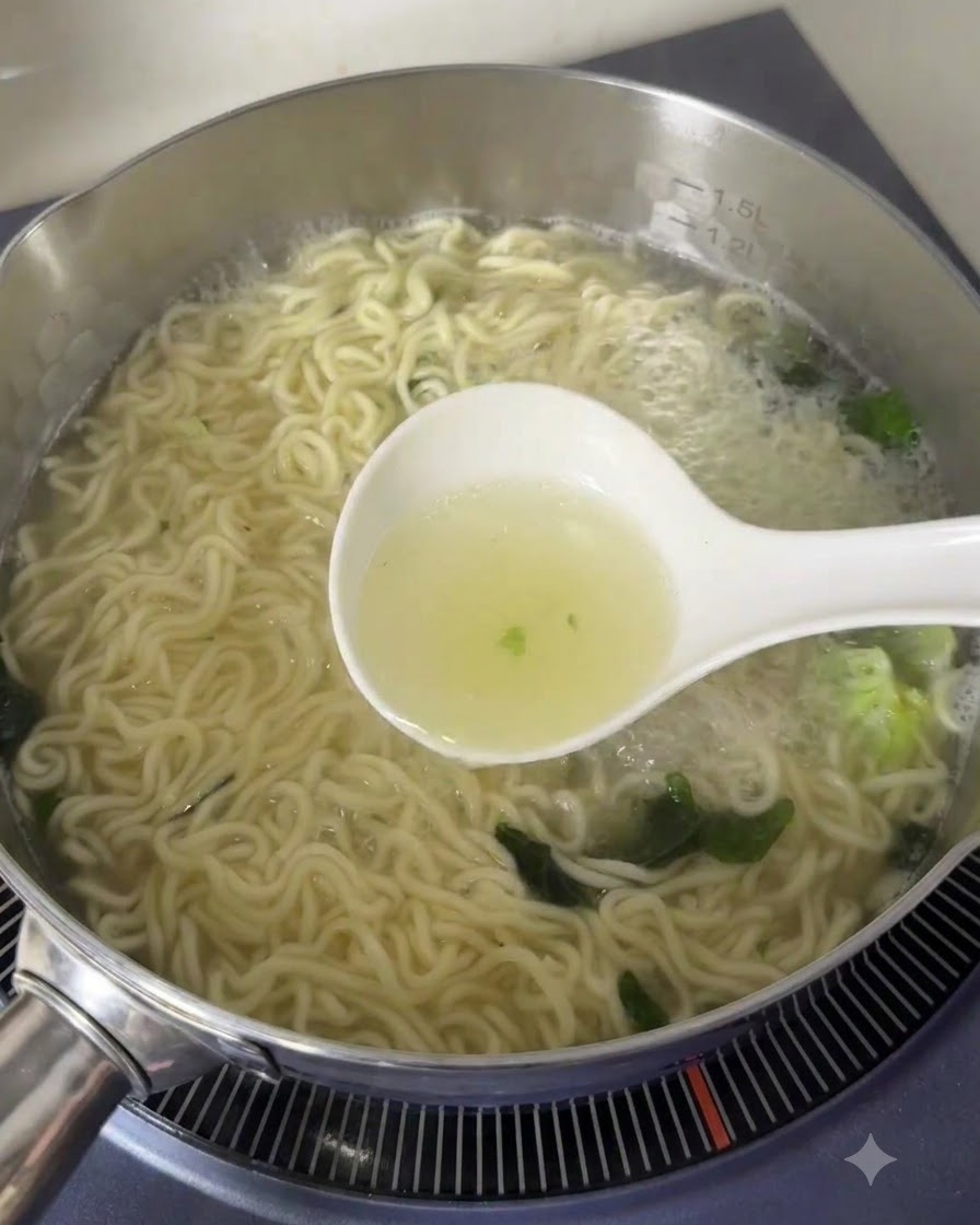 A ladle filled with hot broth scooped from a boiling pot of noodles.